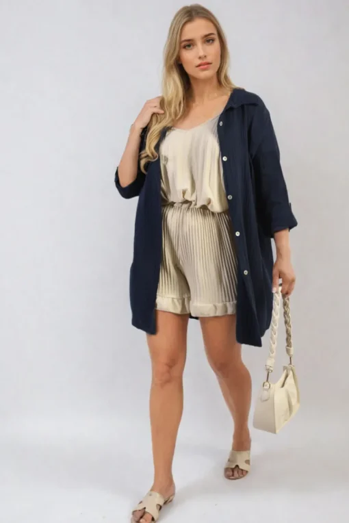 Navy Clemmie Button Down Long Sleeve Oversized Shirt<IKRUSH Clearance