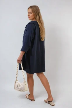 Navy Clemmie Button Down Long Sleeve Oversized Shirt<IKRUSH Clearance
