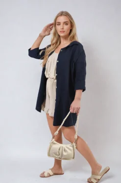 Navy Clemmie Button Down Long Sleeve Oversized Shirt<IKRUSH Clearance