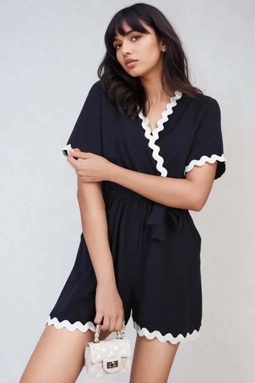 Navy Loretta Scalloped Trim Wrap Over Playsuit<IKRUSH New