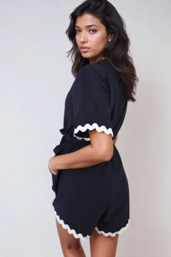 Navy Loretta Scalloped Trim Wrap Over Playsuit<IKRUSH New