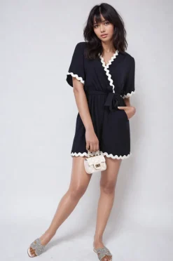 Navy Loretta Scalloped Trim Wrap Over Playsuit<IKRUSH New