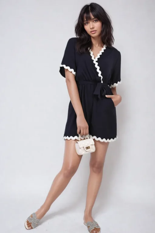 Navy Loretta Scalloped Trim Wrap Over Playsuit<IKRUSH New