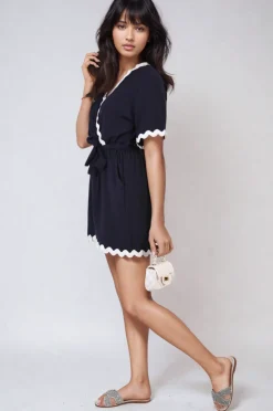 Navy Loretta Scalloped Trim Wrap Over Playsuit<IKRUSH New