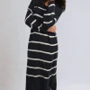 Navy Priscilla Long Sleeve Striped Knitted Dress<IKRUSH Online