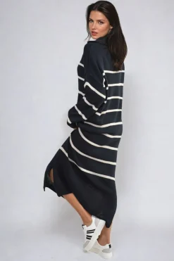 Navy Priscilla Long Sleeve Striped Knitted Dress<IKRUSH Online
