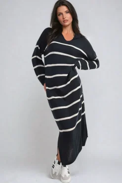 Navy Priscilla Long Sleeve Striped Knitted Dress<IKRUSH Online