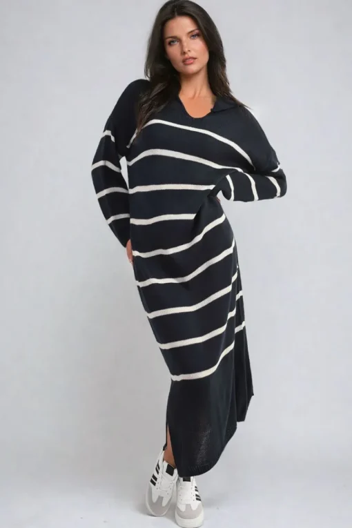 Navy Priscilla Long Sleeve Striped Knitted Dress<IKRUSH Online