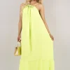 Neon green Sarai Sleeveless Beaded Halter Neck Maxi Dress with Tiered Hem<IKRUSH Hot