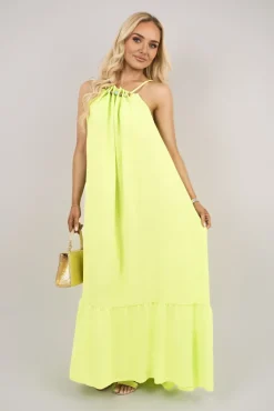 Neon green Sarai Sleeveless Beaded Halter Neck Maxi Dress with Tiered Hem<IKRUSH Hot