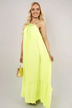 Neon green Sarai Sleeveless Beaded Halter Neck Maxi Dress with Tiered Hem<IKRUSH Hot