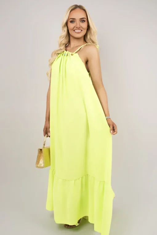 Neon green Sarai Sleeveless Beaded Halter Neck Maxi Dress with Tiered Hem<IKRUSH Hot