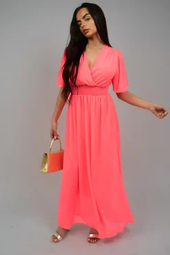Neon pink Elsie Smocked Waist V Neck Short Sleeve Flowy Maxi Dress<IKRUSH Discount