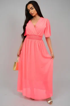 Neon pink Elsie Smocked Waist V Neck Short Sleeve Flowy Maxi Dress<IKRUSH Discount