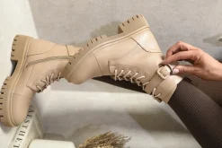 Nude Ariella Lace Up Buckle Chunky Combat Boots<IKRUSH Best