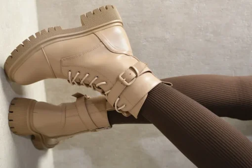 Nude Ariella Lace Up Buckle Chunky Combat Boots<IKRUSH Best