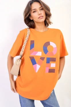 Orange Amanda Oversized Love Slogan Print Top<IKRUSH Discount