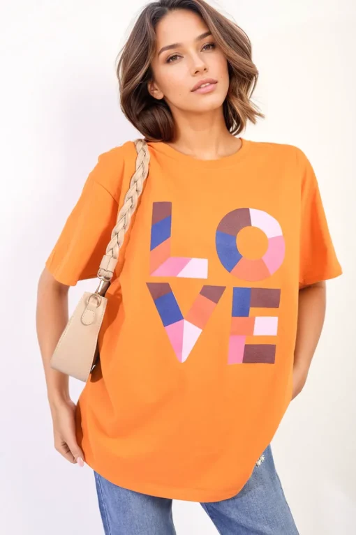 Orange Amanda Oversized Love Slogan Print Top<IKRUSH Discount