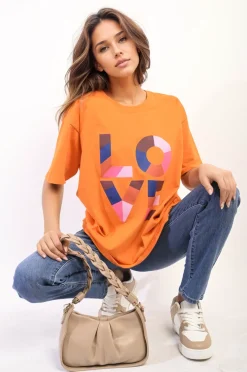 Orange Amanda Oversized Love Slogan Print Top<IKRUSH Discount