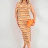 Orange Cleo Sleeveless Scoop Neck Bodycon Midi Dress with Zig-Zag Knit Detail<IKRUSH Hot