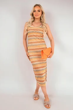 Orange Cleo Sleeveless Scoop Neck Bodycon Midi Dress with Zig-Zag Knit Detail<IKRUSH Hot
