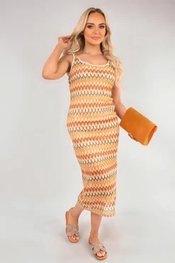 Orange Cleo Sleeveless Scoop Neck Bodycon Midi Dress with Zig-Zag Knit Detail<IKRUSH Hot