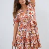 Orange Delilah Floral V-Neck Tie Waist Mini Dress<IKRUSH Sale