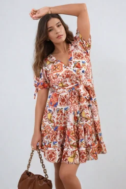 Orange Delilah Floral V-Neck Tie Waist Mini Dress<IKRUSH Sale