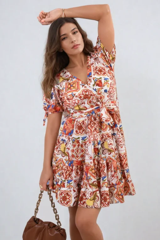 Orange Delilah Floral V-Neck Tie Waist Mini Dress<IKRUSH Sale