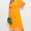 Orange Lorelai Pleated Wrap Midi Dress with Belt Detail<IKRUSH Hot