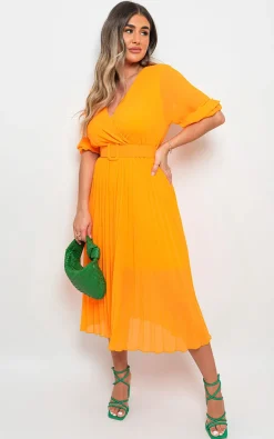 Orange Lorelai Pleated Wrap Midi Dress with Belt Detail<IKRUSH Hot