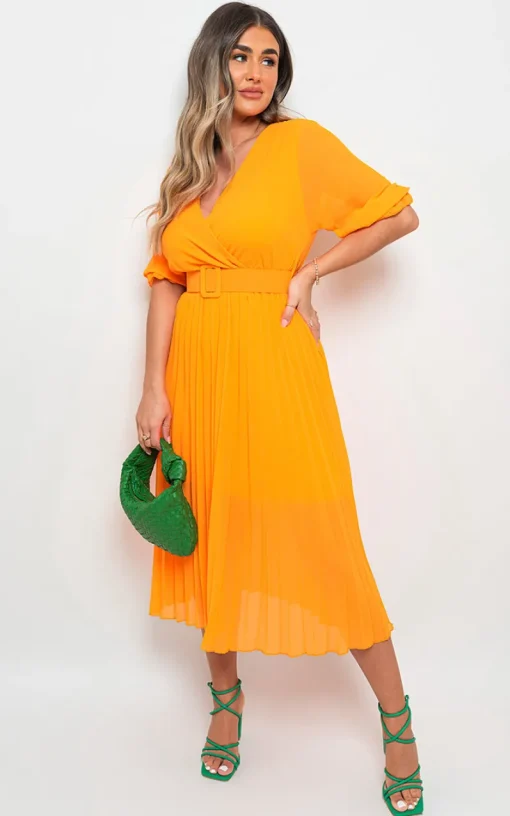 Orange Lorelai Pleated Wrap Midi Dress with Belt Detail<IKRUSH Hot