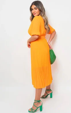 Orange Lorelai Pleated Wrap Midi Dress with Belt Detail<IKRUSH Hot