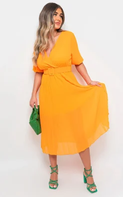 Orange Lorelai Pleated Wrap Midi Dress with Belt Detail<IKRUSH Hot
