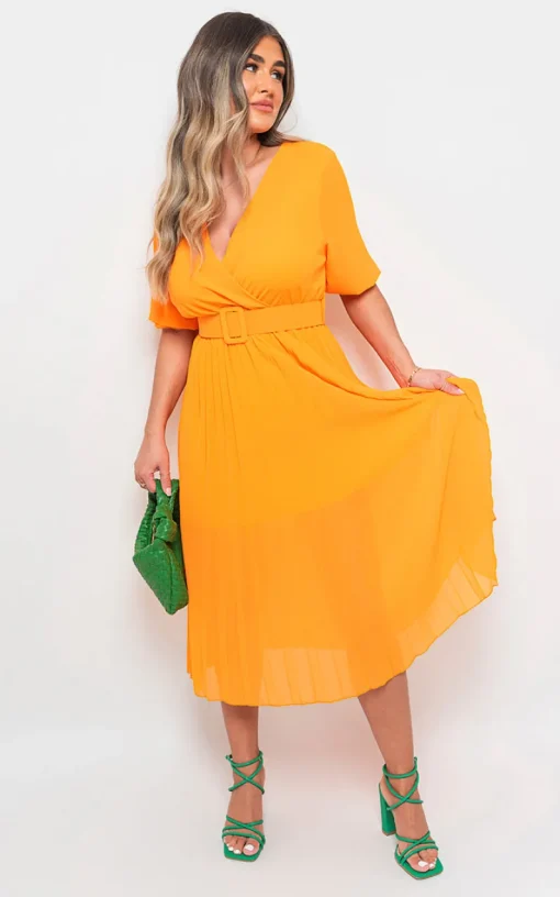 Orange Lorelai Pleated Wrap Midi Dress with Belt Detail<IKRUSH Hot