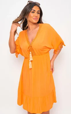 Orange Maja V-Neck Short Sleeve Midi Dress with Tassel Detail<IKRUSH Best