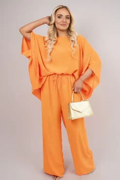 Orange Melody Batwing Top and Drawstring Wide Leg Trousers Co-ord Set<IKRUSH Discount