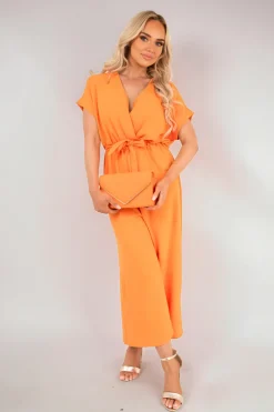 Orange Nerina Wrap Short Sleeve Wide Leg Jumpsuit with Tie Waist<IKRUSH Online