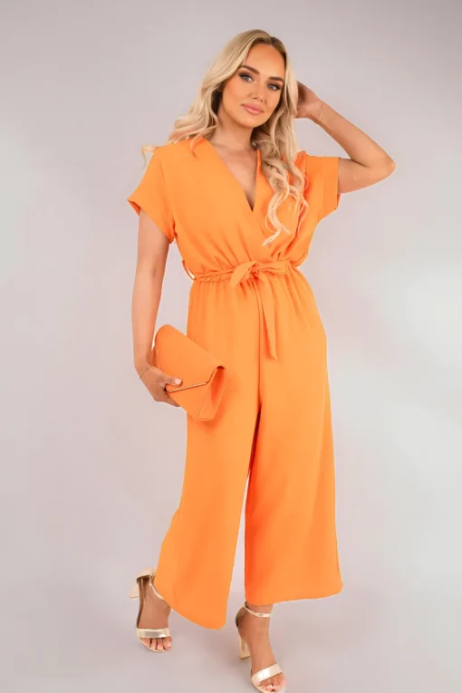Orange Nerina Wrap Short Sleeve Wide Leg Jumpsuit with Tie Waist<IKRUSH Online