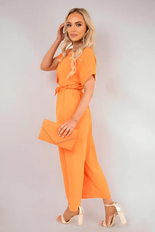 Orange Nerina Wrap Short Sleeve Wide Leg Jumpsuit with Tie Waist<IKRUSH Online