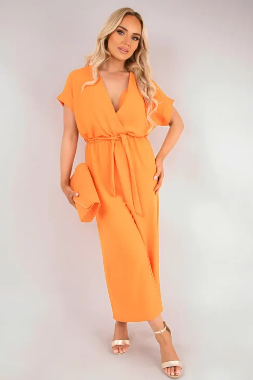 Orange Nerina Wrap Short Sleeve Wide Leg Jumpsuit with Tie Waist<IKRUSH Online