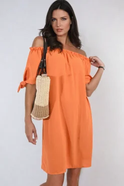 Orange Tessa Knot Cuff Off Shoulder Mini Dress<IKRUSH Best