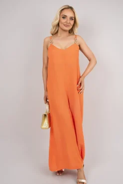 Orange Yalina Scoop Neck Wide Leg Sleeveless Jumpsuit with Strap Detail<IKRUSH New