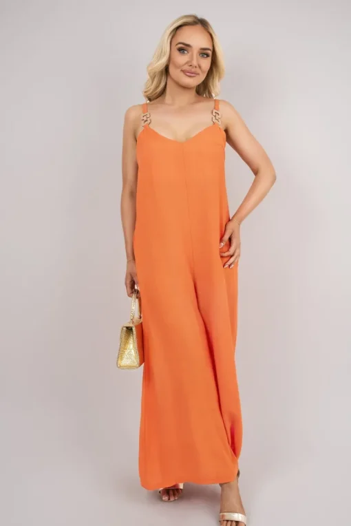Orange Yalina Scoop Neck Wide Leg Sleeveless Jumpsuit with Strap Detail<IKRUSH New