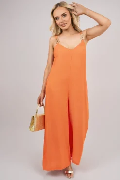 Orange Yalina Scoop Neck Wide Leg Sleeveless Jumpsuit with Strap Detail<IKRUSH New