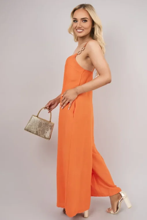 Orange Yalina Scoop Neck Wide Leg Sleeveless Jumpsuit with Strap Detail<IKRUSH New