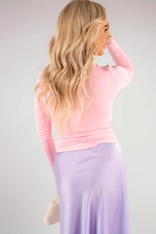 Pink Danna Square Neckline Long Sleeve Top<IKRUSH Online