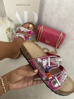 Pink Leslie Rhinestone Double Buckle Adjustable Slip On Slides Sandals<IKRUSH Hot
