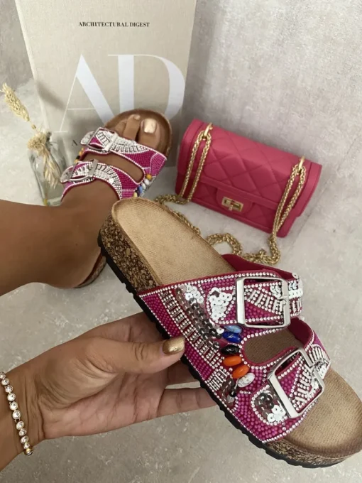 Pink Leslie Rhinestone Double Buckle Adjustable Slip On Slides Sandals<IKRUSH Hot