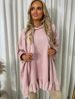 Pink Lillian Oversized Frill Hem Long Sleeve Hooded Top<IKRUSH Outlet